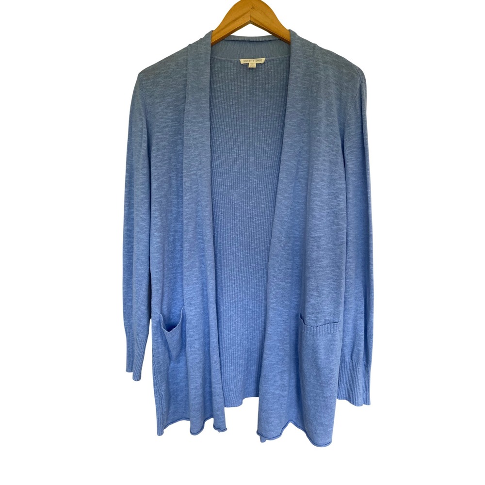 Eileen Fisher Blue Linen Cotton Open Front Cardigan Sweater S/P Coastal Light